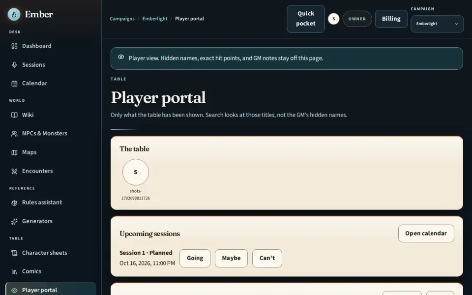The player portal showing only revealed information